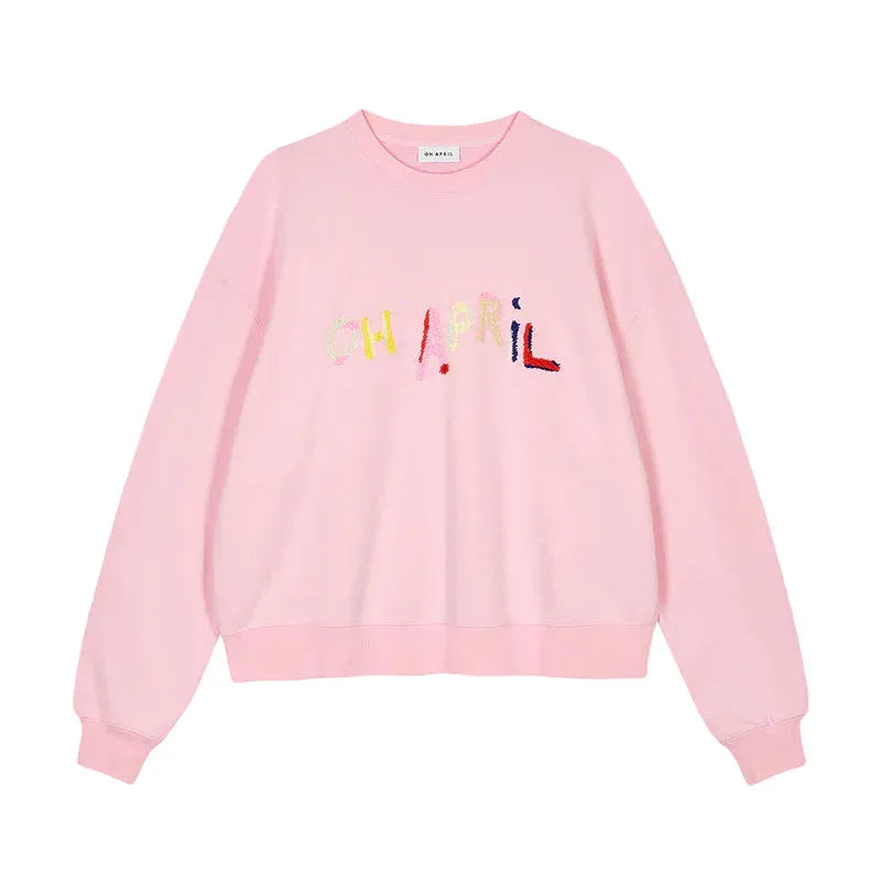 OH APRIL Women's Relaxed Fit Sweatshirt: Navy, Yellow, Pink, Red Logo Embroidery - Gomix Brands Outlet